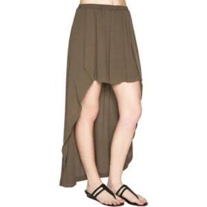 New BCBG high rise khaki pleated high-low crepe bohemian mini midi maxi skirt
